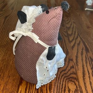 Hand-made collectible stuffed mouse shelf sitter with apron and bonnet.